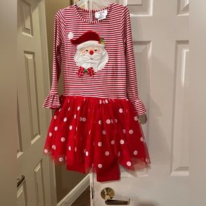 Girls Santa Christmas 2 piece outfit dress with red leggings, tutu skirt stripes